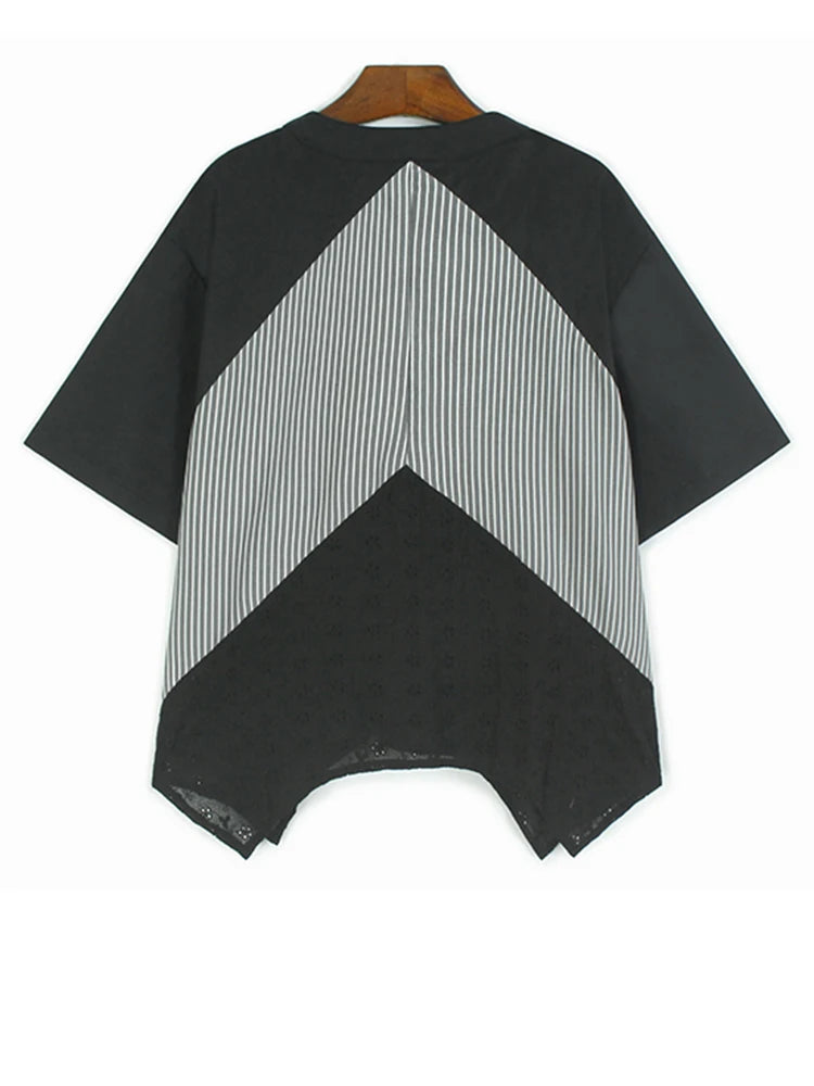 Women Black Striped Lace Hem Big Size Blouse New Stand Collar Half Sleeve Shirt Fashion Tide Spring Summer 2025 1DJ1109