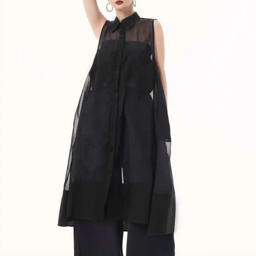 Load image into Gallery viewer, Women Black Mesh Perspective Big Size Long Shirt Dress New Lapel Sleeveless Fashion Tide Spring Summer 2025 1DH9517
