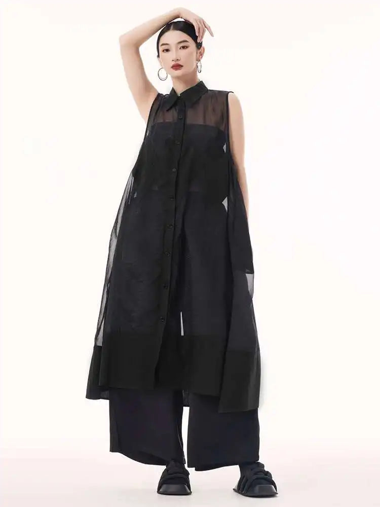 Women Black Mesh Perspective Big Size Long Shirt Dress New Lapel Sleeveless Fashion Tide Spring Summer 2025 1DH9517
