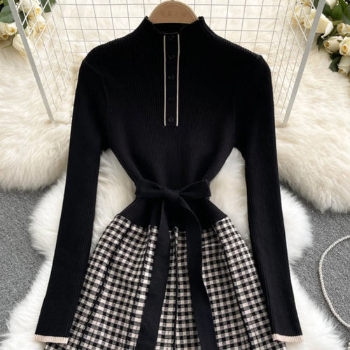 Load image into Gallery viewer, Women's New French Vintage Black Patchwork Lattice Slim Temperament Knit Dress Autumn Winter Elegant Bandage Party Long Dresses
