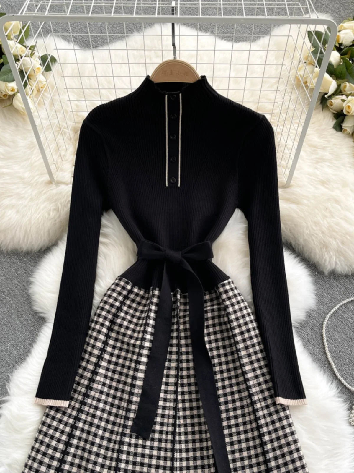 Women's New French Vintage Black Patchwork Lattice Slim Temperament Knit Dress Autumn Winter Elegant Bandage Party Long Dresses