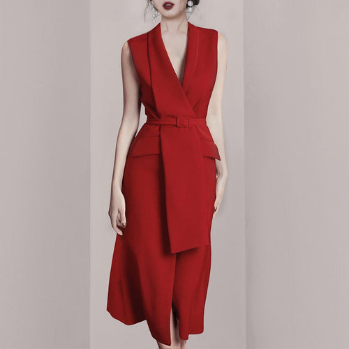 Load image into Gallery viewer, Minimalist Dresses For Women Notched Collar Sleeveless High Waist Tunic Patchwork Belt Red Dress Female Fashion
