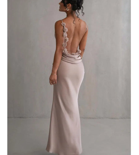 Elegant Sleeveless Flower Shoulder Strap Backless Bodycon Dress Women Sexy Slim Maxi Vesidos Temperament Party Evening