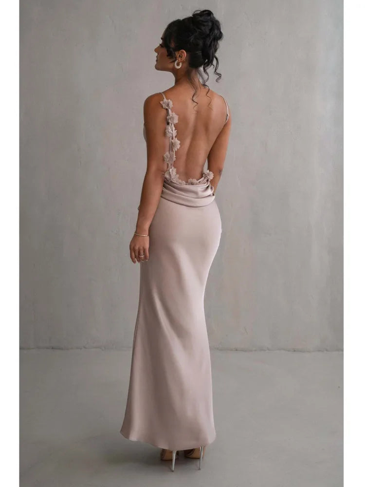 Elegant Sleeveless Flower Shoulder Strap Backless Bodycon Dress Women Sexy Slim Maxi Vesidos Temperament Party Evening