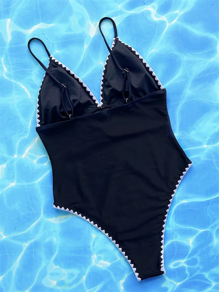 Black V Neck One Piece Swimsuit Women 2025 Sexy Swimwear Halter Bathing Suit High Waist Monokini