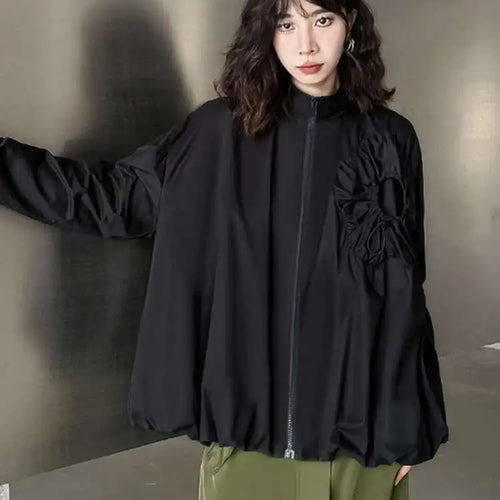 Load image into Gallery viewer, Loose Fit Black Pleated Big Size Jacket New Stand Collar Long Sleeve Women Coat Fashion Tide Spring Autumn 2025 1DH0794
