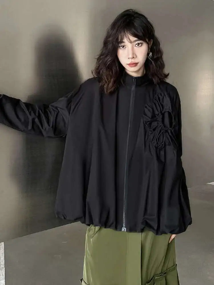 Loose Fit Black Pleated Big Size Jacket New Stand Collar Long Sleeve Women Coat Fashion Tide Spring Autumn 2025 1DH0794
