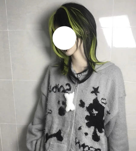 Y2k Aesthetic Gray Cartoon Jacquard Cardigans Winter Hooded Streetwear Oversized Tops Grunge Casual Zippers Knitted Sweaters