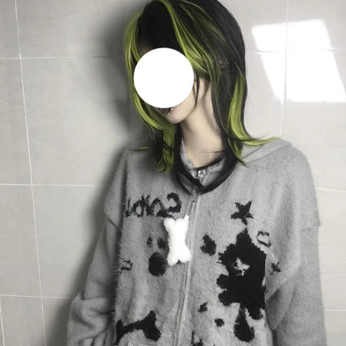 Load image into Gallery viewer, Y2k Aesthetic Gray Cartoon Jacquard Cardigans Winter Hooded Streetwear Oversized Tops Grunge Casual Zippers Knitted Sweaters
