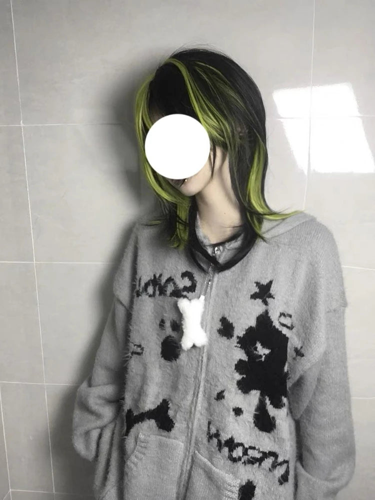 Y2k Aesthetic Gray Cartoon Jacquard Cardigans Winter Hooded Streetwear Oversized Tops Grunge Casual Zippers Knitted Sweaters