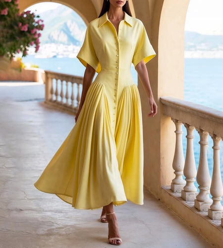 Woman Summer Elegant Midi Dresses 2025 High Waist Lapel Neck Short Sleeves Buttoned Flowy A Line Shirt Dress for Women