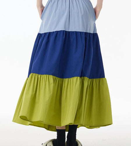 High Elastic Waist Green Color-block Pocket A-line Cake Half-body Skirt Women Fashion Tide New Spring Autumn 2025 1DJ0956