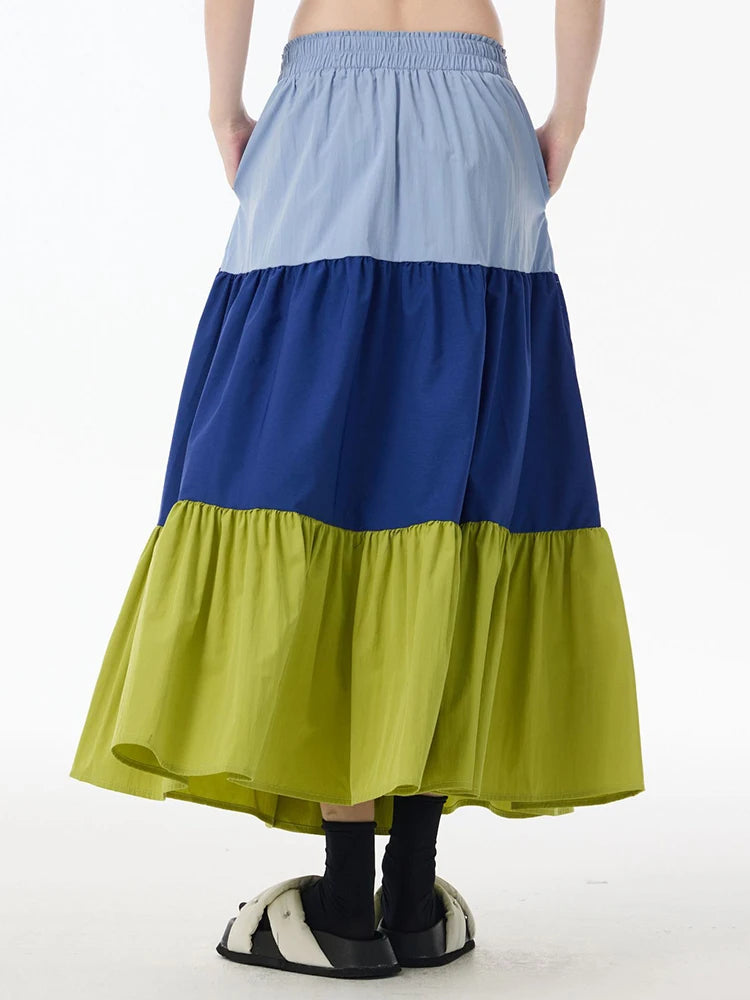 High Elastic Waist Green Color-block Pocket A-line Cake Half-body Skirt Women Fashion Tide New Spring Autumn 2025 1DJ0956