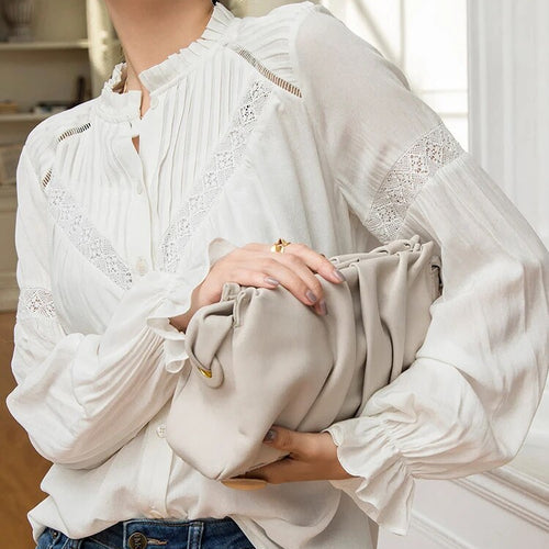 Load image into Gallery viewer, Solid Casual Blouses For Women Round Neck Puff Sleeve Hollow Out Patchwork Folds Chic Shirt Female Fashion Clothing
