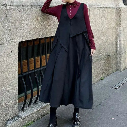 Load image into Gallery viewer, Women Black Irregular Spliced Big Size Long Strap Dress New V-Neck Sleeveless Fashion Tide Spring Autumn 2025 1DH7700
