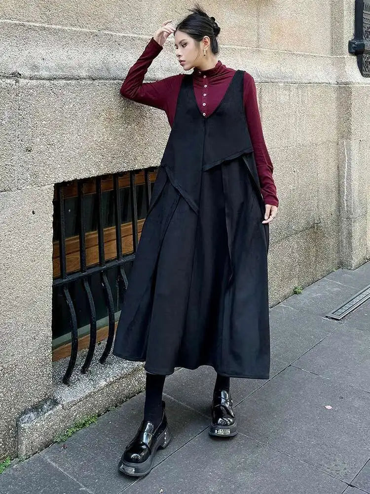 Women Black Irregular Spliced Big Size Long Strap Dress New V-Neck Sleeveless Fashion Tide Spring Autumn 2025 1DH7700