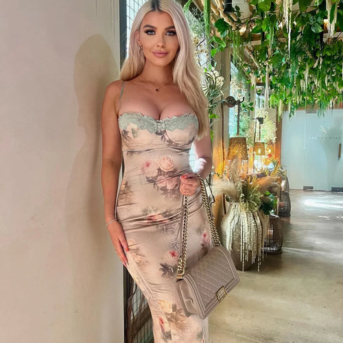 Load image into Gallery viewer, Spaghetti Strap Lace Print Midi Dress for Women Robe Strapless Backless High Waist Bodycon Club Party Long Dress
