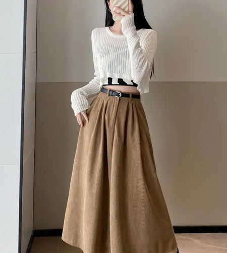 Vintage Corduroy Brown Casual Pocket A-line Pleated Long Skirt Autumn High Waist Black Elegant Umbrella Skirt Korean Holiday New