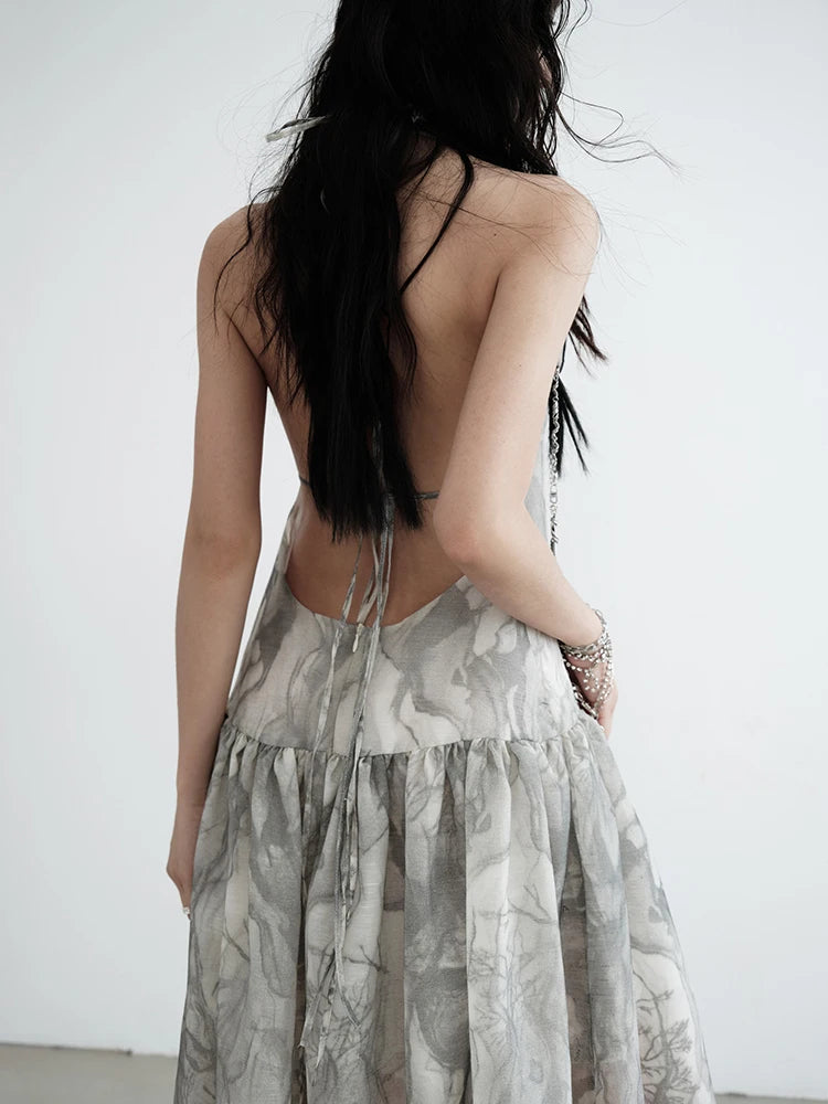 Women Gray Ruffled Backless Elegant Long Strapless Dress New Halter Sleeveless Fashion Tide Spring Autumn 2025 1DJ0014