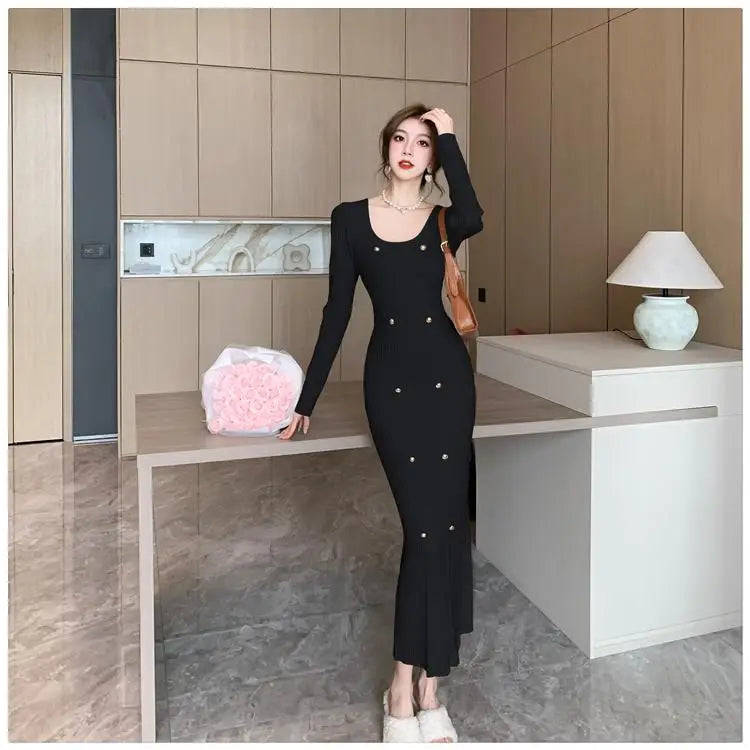 Autumn Winter French Fashion Long Sleeves Knitted Dresses Women's Elegant Square Neck Office Lady Wrap Hip Dress Simplicity Slim