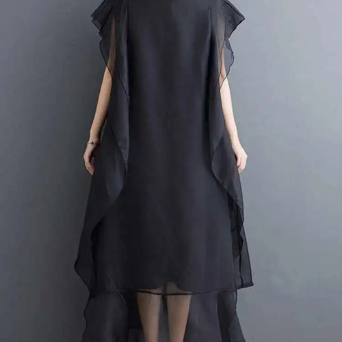 Load image into Gallery viewer, Women Black Ruffles Spliced Big Size Long Dress New Round Neck Short Sleeve Fashion Tide Spring Summer 2025 1DJ0327
