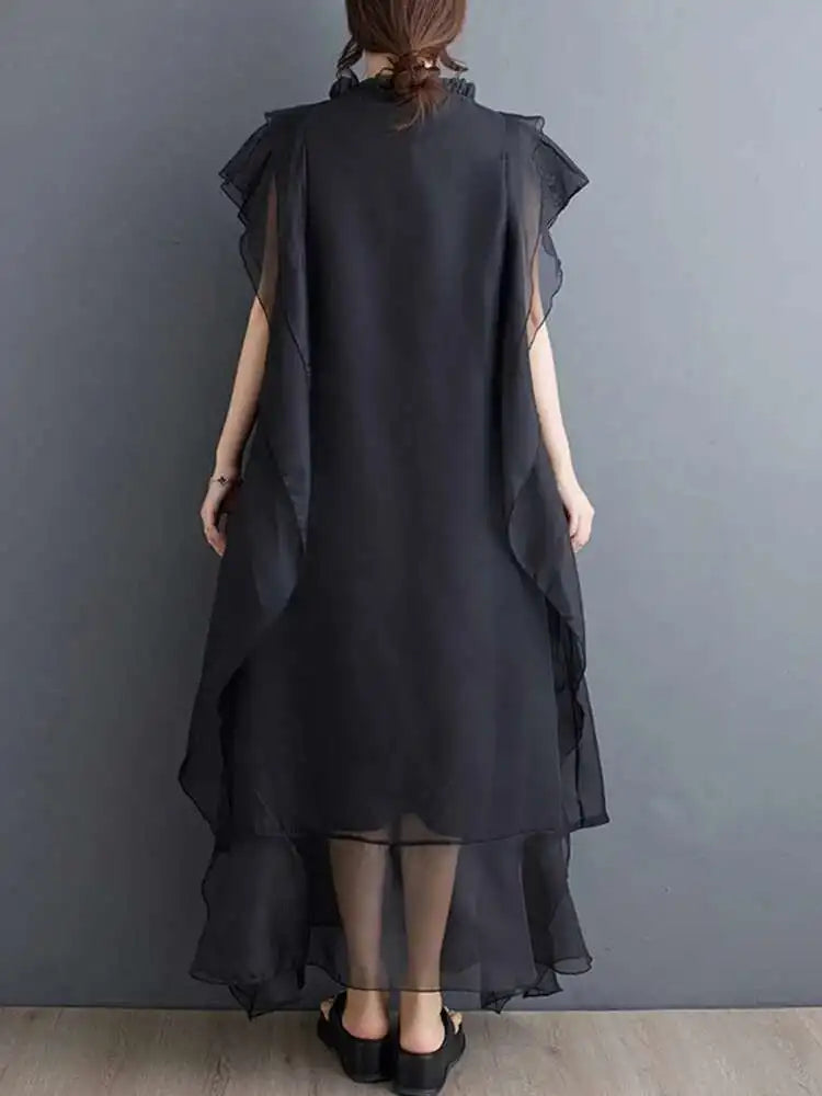 Women Black Ruffles Spliced Big Size Long Dress New Round Neck Short Sleeve Fashion Tide Spring Summer 2025 1DJ0327