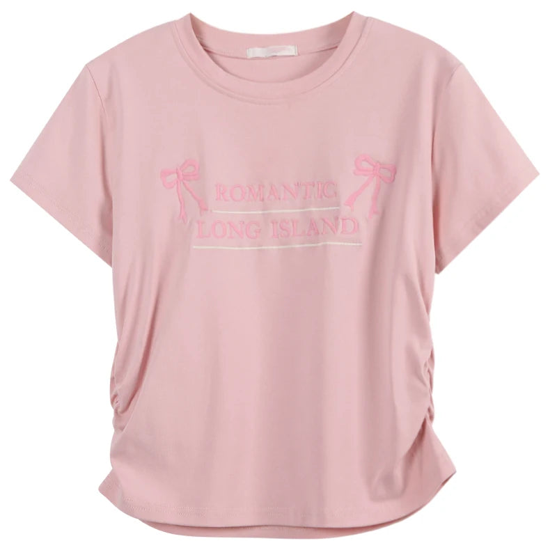 Short Sleeve Y2k Tops Tshirts for Women Embroidery Butterfly O-neck Summer Tees Crop T Shirts Tunic Folds Casual Fashion T-shirt