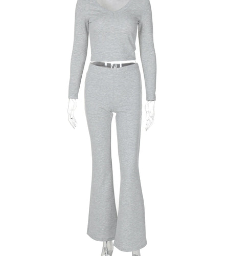 Fall Casual 2 Pieces Sets Solid Long Sleeve Sexy T-Shirt Wide Leg Pants Women Clothes Streetwear Workout Tracksuits