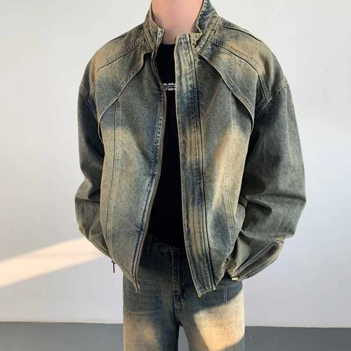 Load image into Gallery viewer, High Street Men&#39;s Denim Jackets Zipper Patchwork Casual Worn-out Washing Stand Collar Male Coats New Autumn Fashion 9C6718
