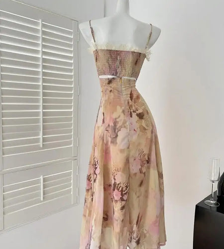 Summer Vintage Fashion Yellow Print Bow Party Long Dress For Women Elegant Slim Vacation Backless Dresses 2025 New Robe Bohemian
