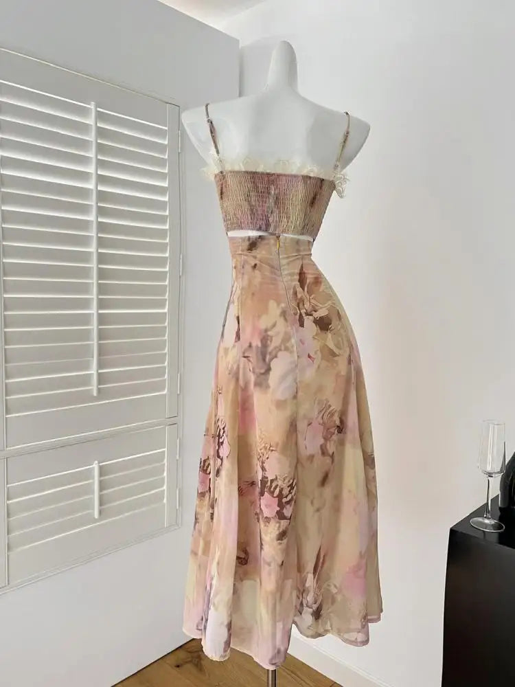 Summer Vintage Fashion Yellow Print Bow Party Long Dress For Women Elegant Slim Vacation Backless Dresses 2025 New Robe Bohemian