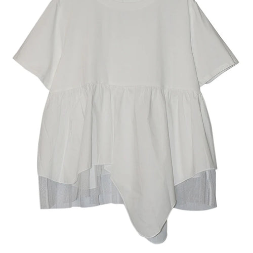 Load image into Gallery viewer, Women Black Irregular Hem Mesh Big Size Casual T-shirt New Round Neck Short Sleeve Fashion Tide Spring Summer 2025 1DJ0644
