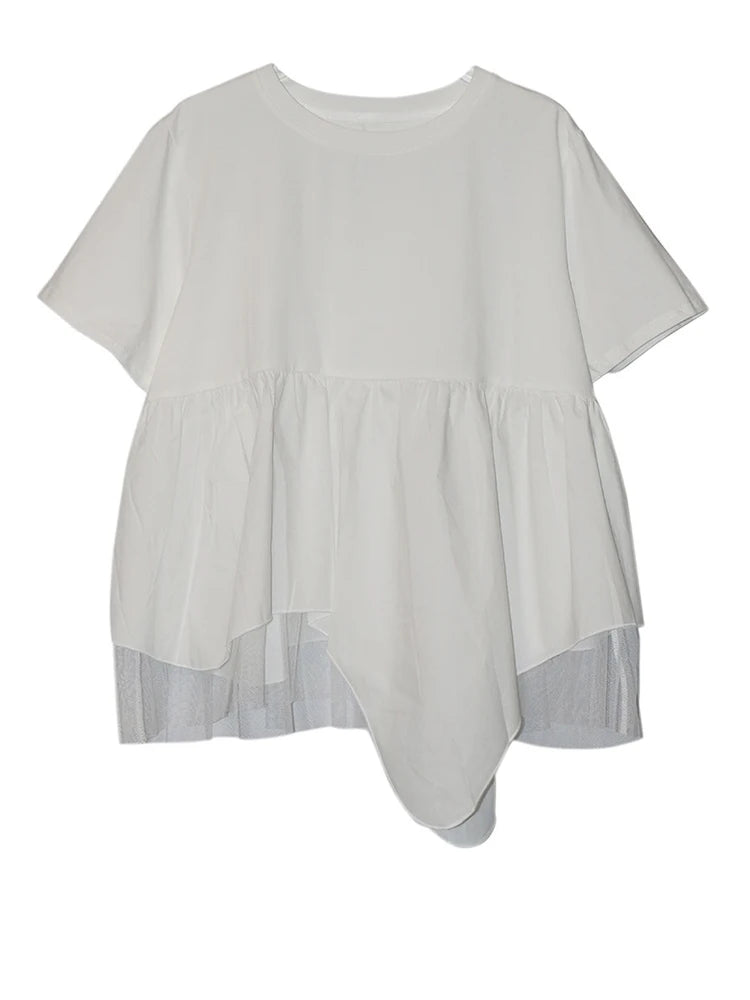 Women Black Irregular Hem Mesh Big Size Casual T-shirt New Round Neck Short Sleeve Fashion Tide Spring Summer 2025 1DJ0644