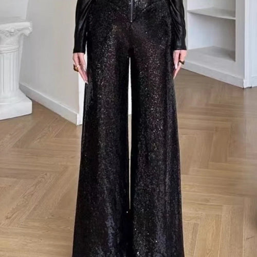 Load image into Gallery viewer, Slimming Spliced Sequins Fashion Long Pants for Women High Waist Patchwork Zipper Wide Leg Pant Female Clothing New
