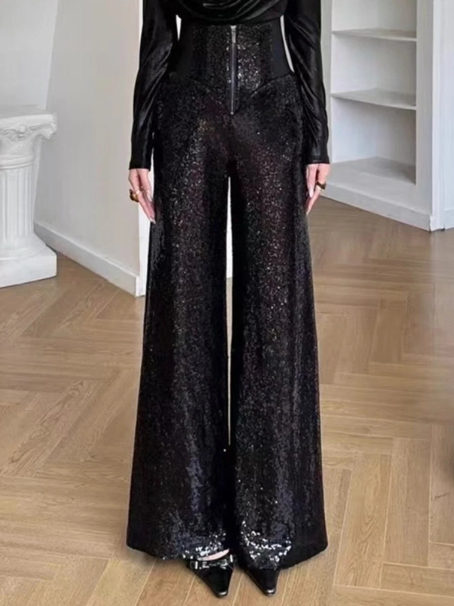 Slimming Spliced Sequins Fashion Long Pants for Women High Waist Patchwork Zipper Wide Leg Pant Female Clothing New