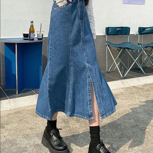 Load image into Gallery viewer, Dark Blue Split Denim Long Skirt Women Spring High Waist Fishtail Skirts Female Korean All-Match Slim Midi Skirts Ladies
