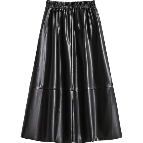 Load image into Gallery viewer, Fashion Black Elegant Pu Leather Pleated Long Skirt Women&#39;s Brown Elegant High Waist Plus Size A-line Party Skirt Femme New
