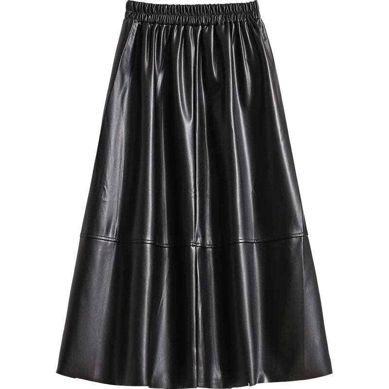 Fashion Black Elegant Pu Leather Pleated Long Skirt Women's Brown Elegant High Waist Plus Size A-line Party Skirt Femme New