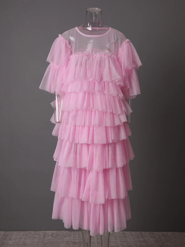 Mesh T-shirt Cake Half-body Skirt Two Pieces Suit New Round Neck Short Sleeve Women Fashion Spring Summer 2025 CPG3209