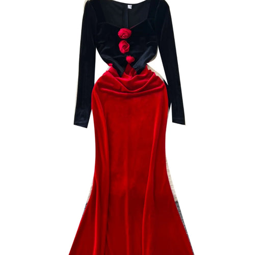Load image into Gallery viewer, Retro 2024 Autumn Winter Women's Black Red Velvet Patchwork Slim Evening Party Dresses French Elegant Long Sleeved Pleated Dress

