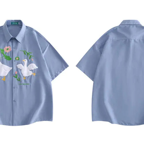 Load image into Gallery viewer, Harajuku Men Shirts Funny Embroidery Flower White Duck Goose Patch Short Sleeve Blouse Summer Loose Button Up Shirt Streetwear
