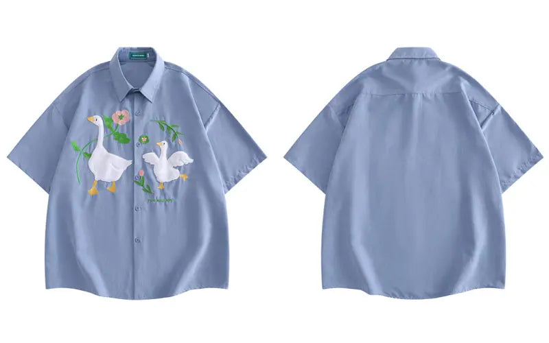 Harajuku Men Shirts Funny Embroidery Flower White Duck Goose Patch Short Sleeve Blouse Summer Loose Button Up Shirt Streetwear