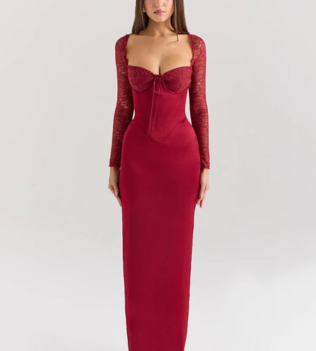 Backless Long Sleeve Sexy Maxi Dress For Women Solid Square Collar Lace-up Back Split Bodycon Club Long Dress Elegant