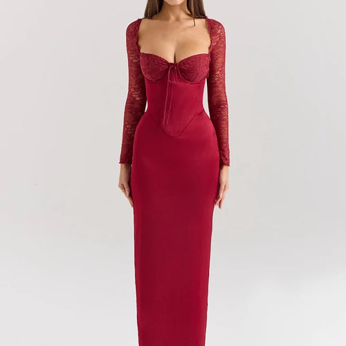 Load image into Gallery viewer, Backless Long Sleeve Sexy Maxi Dress For Women Solid Square Collar Lace-up Back Split Bodycon Club Long Dress Elegant
