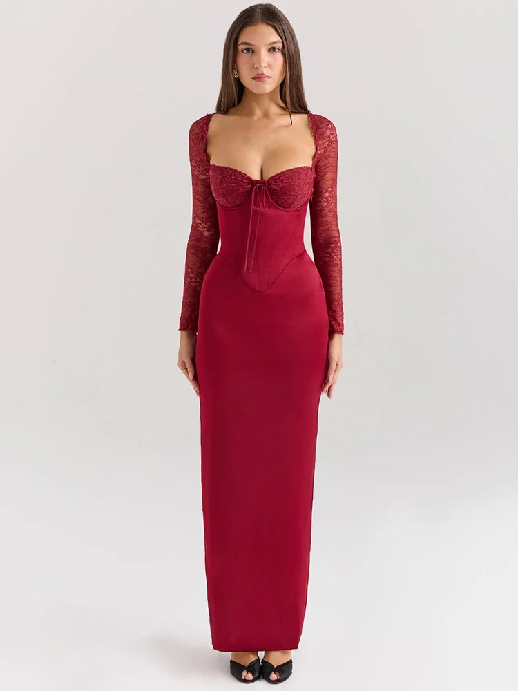 Backless Long Sleeve Sexy Maxi Dress For Women Solid Square Collar Lace-up Back Split Bodycon Club Long Dress Elegant