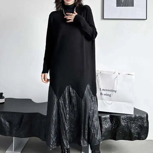 Load image into Gallery viewer, Women Black Knitting Pleated Big Size Long Dress New Turtleneck Long Sleeve Fashion Tide Spring Autumn 2025 1DH1599

