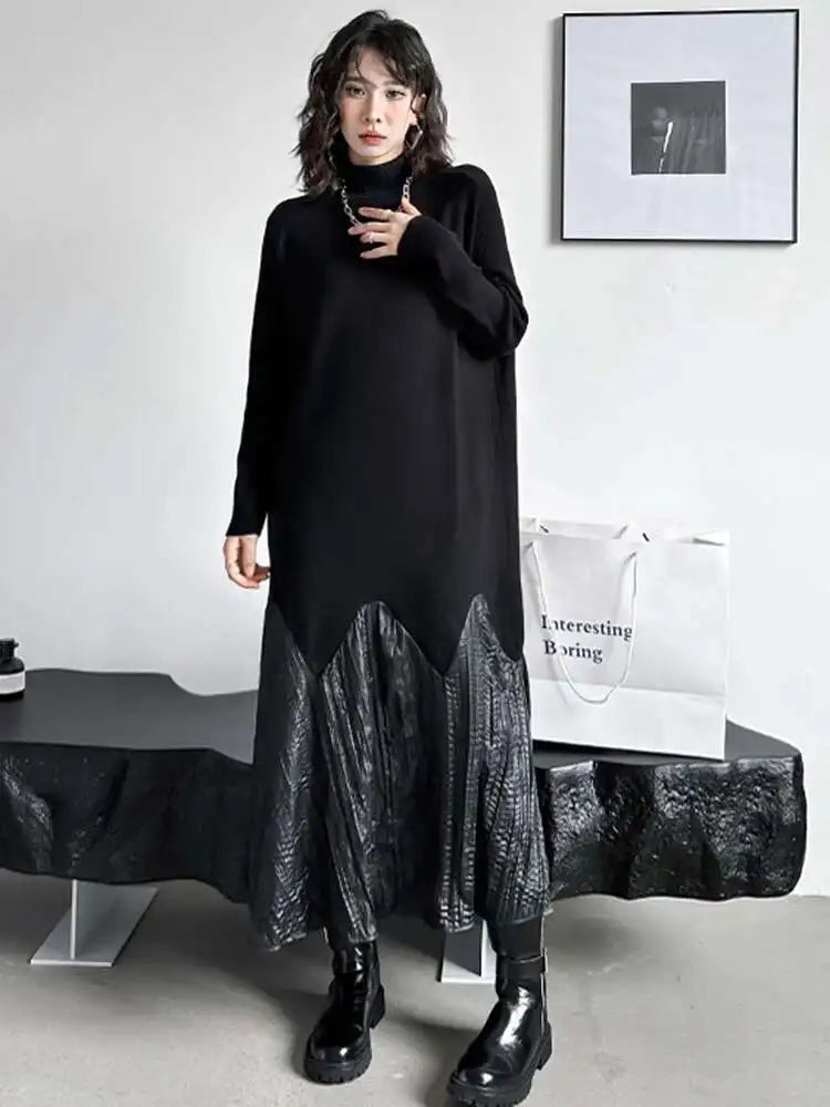 Women Black Knitting Pleated Big Size Long Dress New Turtleneck Long Sleeve Fashion Tide Spring Autumn 2025 1DH1599