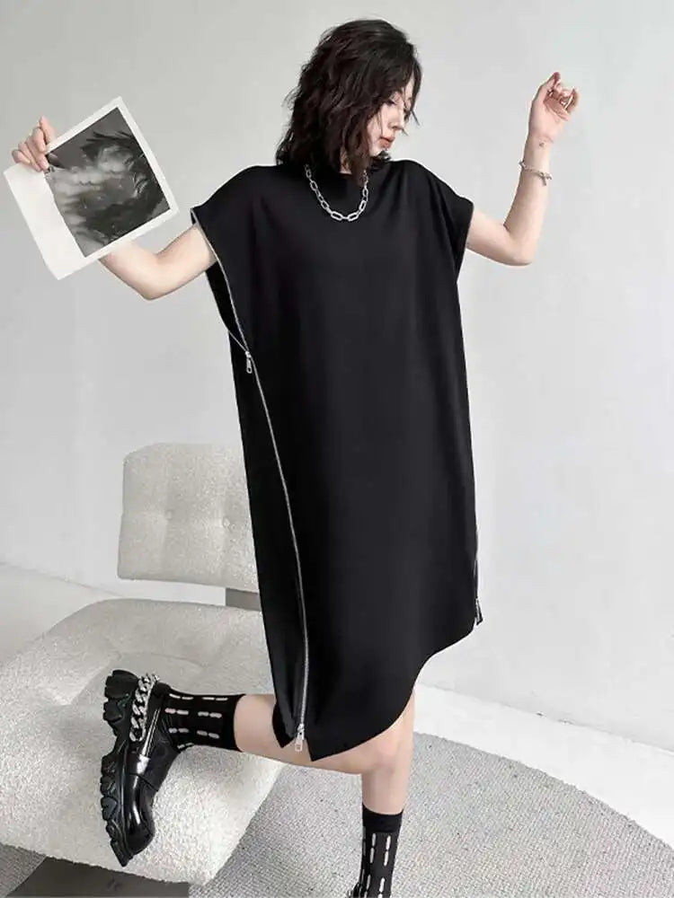 Women Black Zipper Big Size Casual Dress New Round Neck Short Sleeve Loose Fit Fashion Tide Spring Summer 2025 1DF7865