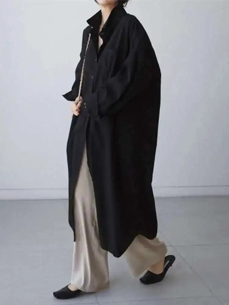 Women White Brief Long Big Size Blouse New Lapel Long Sleeve Loose Fit Shirt Fashion Tide Spring Autumn 2025 1DH0485