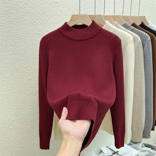 Load image into Gallery viewer, Autumn Winter Korean Fashion Solid Half High Neck Velvet Knitted Sweater Women Warm Long Sleeve Pullovers Top Versatile Clothing
